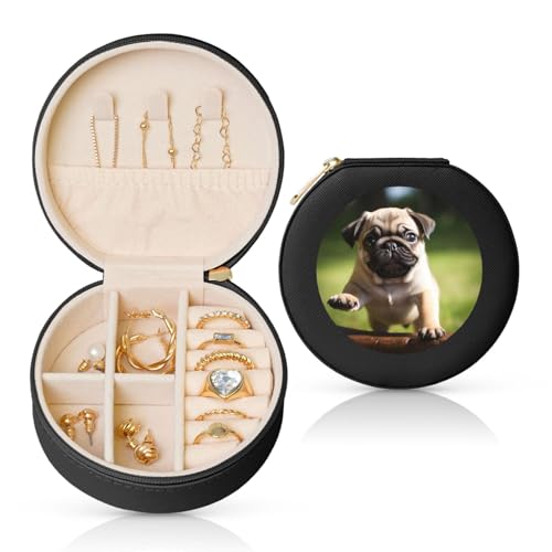 TRSGKSQP Schmuckschatulle für Damen und Mädchen, Leder, Reise-Schmuckkästchen, Mops, Welpen, tragbare Schmuck-Organizer-Box mit Reißverschluss für Ohrringe, Armbänder, Ringe TRSGKSQP Schmuckschatulle für Damen und Mädchen, Leder, Reise-Schmuckkästchen, Mops, Welpen, tragbare Schmuck-Organizer-Box mit Reißverschluss für Ohrringe, Armbänder, Ringe von TRSGKSQP