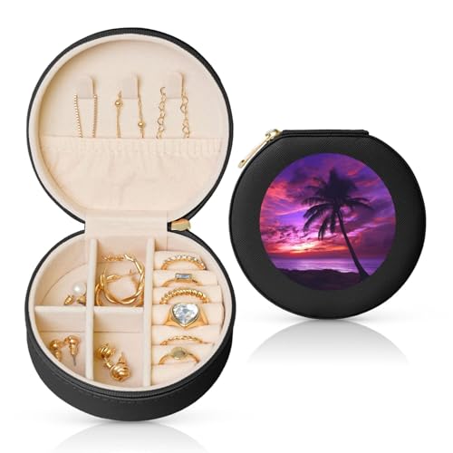 TRSGKSQP Schmuckschatulle für Damen und Mädchen, Leder, Reise-Schmuckkästchen, Palme, violetter Sonnenuntergang, tragbare Schmuck-Organizer-Box mit Reißverschluss für Ohrringe, Armbänder, Ringe TRSGKSQP Schmuckschatulle für Damen und Mädchen, Leder, Reise-Schmuckkästchen, Palme, violetter Sonnenuntergang, tragbare Schmuck-Organizer-Box mit Reißverschluss für Ohrringe, Armbänder, Ringe von TRSGKSQP