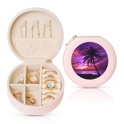 TRSGKSQP Schmuckschatulle für Damen und Mädchen, Leder, Reise-Schmuckkästchen, Palme, violetter Sonnenuntergang, tragbare Schmuck-Organizer-Box mit Reißverschluss für Ohrringe, Armbänder, Ringe TRSGKSQP Schmuckschatulle für Damen und Mädchen, Leder, Reise-Schmuckkästchen, Palme, violetter Sonnenuntergang, tragbare Schmuck-Organizer-Box mit Reißverschluss für Ohrringe, Armbänder, Ringe von TRSGKSQP
