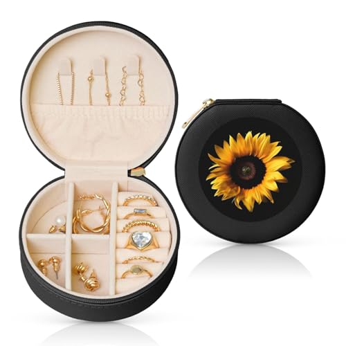 TRSGKSQP Schmuckschatulle für Damen und Mädchen, Leder, Reise-Schmuckkästchen, Sonnenblume auf schwarzem Hintergrund, tragbare Schmuck-Organizer-Box mit Reißverschluss für Ohrringe, Armbänder, Ringe von TRSGKSQP
