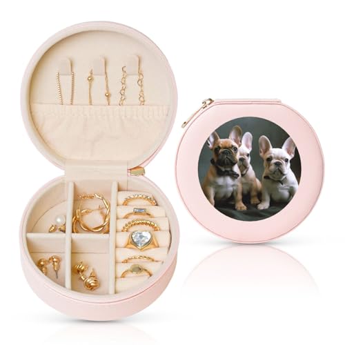 TRSGKSQP Schmuckschatulle für Damen und Mädchen, Leder, Reise-Schmuckkästchen, französische Bulldogge, Welpen, tragbare Schmuck-Organizer-Box mit Reißverschluss für Ohrringe, Armbänder, Ringe von TRSGKSQP