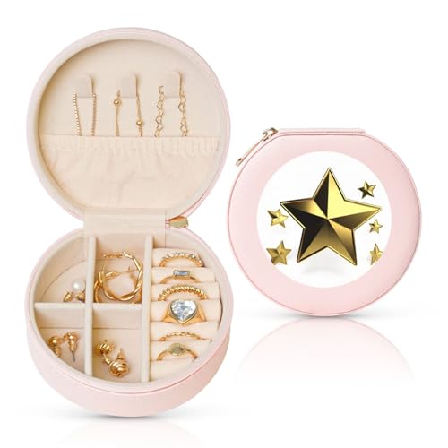 TRSGKSQP Schmuckschatulle für Damen und Mädchen, Leder, Reise-Schmuckkästchen, goldfarbener Stern, tragbare Schmuck-Organizer-Box mit Reißverschluss für Ohrringe, Armbänder, Ringe TRSGKSQP Schmuckschatulle für Damen und Mädchen, Leder, Reise-Schmuckkästchen, goldfarbener Stern, tragbare Schmuck-Organizer-Box mit Reißverschluss für Ohrringe, Armbänder, Ringe von TRSGKSQP