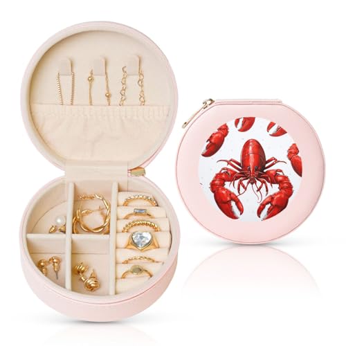 TRSGKSQP Schmuckschatulle für Damen und Mädchen, Leder, Reise-Schmuckkästchen, roter Hummer-Druck, tragbare Schmuck-Organizer-Box mit Reißverschluss für Ohrringe, Armbänder, Ringe von TRSGKSQP