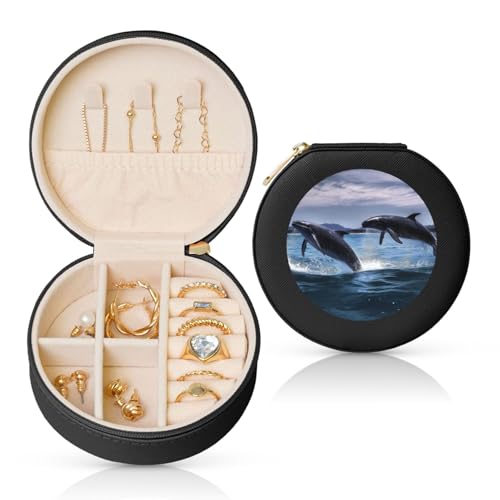 TRSGKSQP Schmuckschatulle für Damen und Mädchen, Leder, Reise-Schmuckkästchen, springende Wale, tragbare Schmuck-Organizer-Box mit Reißverschluss für Ohrringe, Armbänder, Ringe TRSGKSQP Schmuckschatulle für Damen und Mädchen, Leder, Reise-Schmuckkästchen, springende Wale, tragbare Schmuck-Organizer-Box mit Reißverschluss für Ohrringe, Armbänder, Ringe von TRSGKSQP