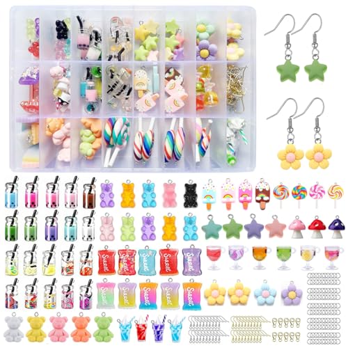 TRUBUY Charms Anhänger Set, 100 Stück Resin Bär Bubble Tea Süßigkeiten Basteln mit 150PCS Heimwerker Zubehör für Ohrringe Halsketten Armbänder Schlüsselanhänger und Schmuckherstellung von TRUBUY