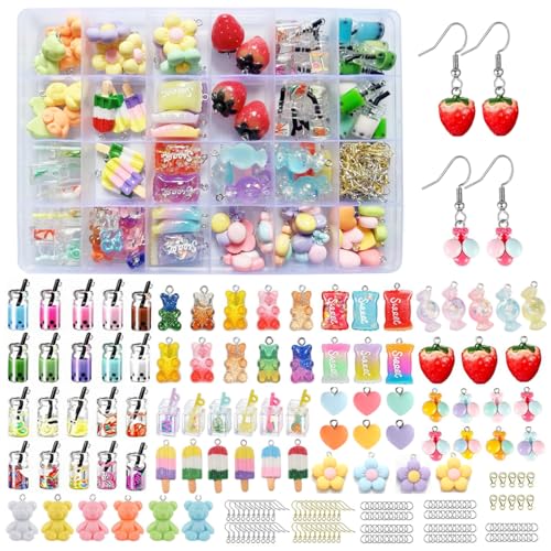 TRUBUY Charms Anhänger Set, Schmuck Selber Machen Set 100 Stück Resin Bubble Tea Bär Erdbeere Charms für Ohrringe Armbänder Halsketten Schlüsselanhänger und Schmuckherstellung von TRUBUY