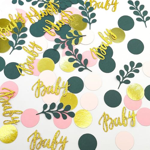Grüne Babyparty-Konfetti-Streudekorationen mit Eukalyptus, Salbeigrün und Goldpapier, Wald-Babyparty-Dekorationen, Geschlechtsoffenbarung, Geburtstagsparty-Dekoration (rosa frischer Stil), 200 Stück von TRUSTORIC