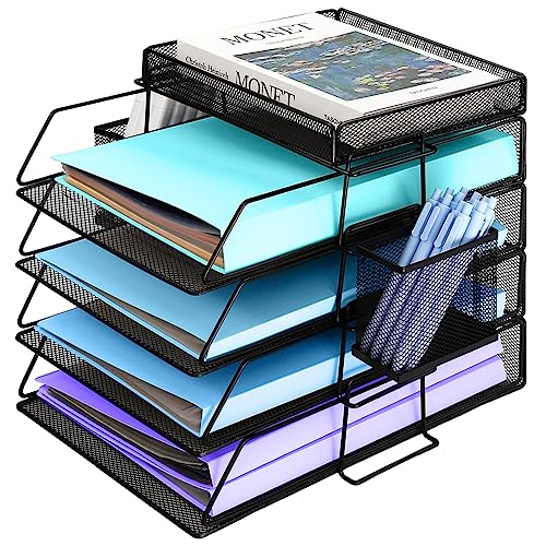 Briefablage für Büro, Dokumentenablage mit Stifthalter, 4-Fach Schreibtisch Organizer Metall, Papierablage Mesh, Ablagefächer Stapelbar, Briefschublade, Büro Organizer, Papierablagefach von TSDRBWO