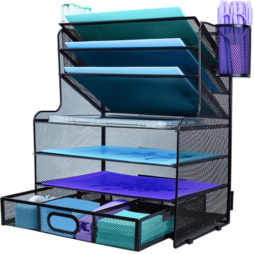 IOUGDSEC Schreibtisch-Organizer mit 7 Ebenen, Papierablage, Schreibtisch-Organizer, Briefablage, Papier-Organizer mit Stifthalter und Metall-Hängekorb, Schwarz IOUGDSEC Schreibtisch-Organizer mit 7 Ebenen, Papierablage, Schreibtisch-Organizer, Briefablage, Papier-Organizer mit Stifthalter und Metall-Hängekorb, Schwarz von TSDRBWO