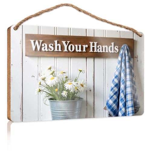 Badezimmer-Dekoration zum Aufhängen, Aufschrift "Clean Hands, Happy Home: A Hygienic Reminder", Holzschild für Haustür, Holzschilder zum Basteln (15 x 28 cm) von TSGB