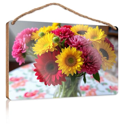 Badezimmer-Dekoration zum Aufhängen, Blumenstrauß mit lebendigen Blumen auf floraler Tischdecke, Holzschild für Haustür, einfarbige Holzschilder zum Basteln (20 x 30 cm) von TSGB