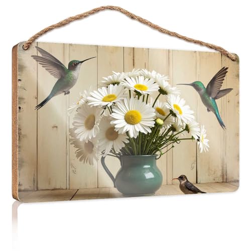 Badezimmer-Dekoration zum Aufhängen, Kolibris und Gänseblümchen in einer rustikalen Umgebung, Holzschild für Haustür, einfarbige Holzschilder zum Basteln (20 x 30 cm) von TSGB