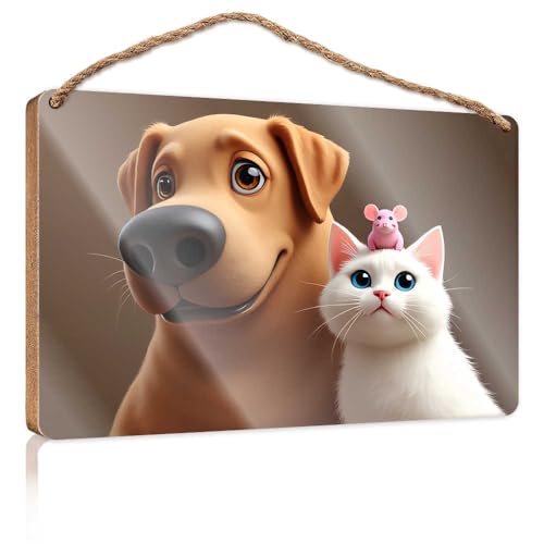 Badezimmer-Dekoration zum Aufhängen, Motiv: "Adorable Friends: A Dog, Cat, And Mouse Together", Holzschild für Haustür, Holzschilder zum Basteln (20 x 30 cm) von TSGB