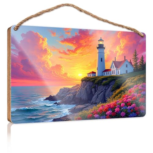 Badezimmer-Dekoration zum Aufhängen, Sonnenuntergang am Leuchtturm mit Blumen, Holzschild für Haustür, einfarbige Holzschilder zum Basteln (15 x 28 cm) von TSGB