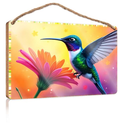 Badezimmer-Dekoration zum Aufhängen, buntes Kolibri, das sich auf lebhaften Blumen füttert, Holzschild für Haustür, einfarbige Holzschilder zum Basteln (20 x 30 cm) von TSGB