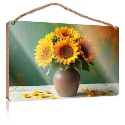 Badezimmer-Dekoration zum Aufhängen, lebendige Sonnenblumen in einer rustikalen Vase, Holzschild für Haustür, einfarbige Holzschilder zum Basteln (23 x 35 cm) von TSGB