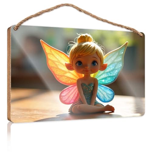 Badezimmer-Dekoration zum Aufhängen, verzauberte Feenpuppe mit Regenbogenflügeln, Holzschild für Haustür, einfarbige Holzschilder zum Basteln (20 x 30 cm) von TSGB