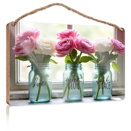 Badezimmer-Hängedekoration, Blumeninspirationen: Liebe, Wachstum, Anmut, Holzschild für Haustür, Holzschilder zum Basteln (15 x 28 cm) von TSGB