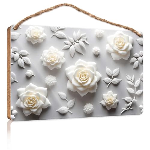 Badezimmer-Hängedekoration, weißes Blumenmuster, Wandkunst, Dekorationen, Holzschild für Haustür, einfarbige Holzschilder zum Basteln (15 x 28 cm) von TSGB
