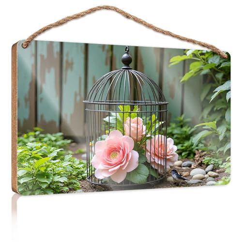 Badezimmer Holz Hängen Zeichen Blumen Dekoration In Einem Vogelkäfig Holzzeichen Hinterhof Dekor Zimmer Spulen(15 * 28cm) von TSGB