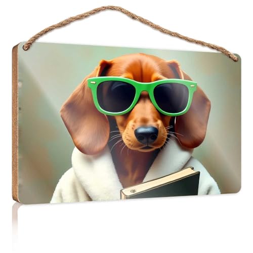 Badezimmer Holz Hängen Zeichen Schicker Hund In Sonnenbrille Und Bademantel Holzschild Hinterhof Dekor Zimmer Spulen(23x35cm) von TSGB