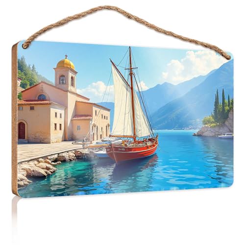 Bauernhaus-Tür-Dekoration, Segeln, Gelassenheit: Eine Küstenkirche und Yacht-Szene, Holzschild, Küche, Wandkunst, Haustür-Dekoration (23 x 35 cm) von TSGB