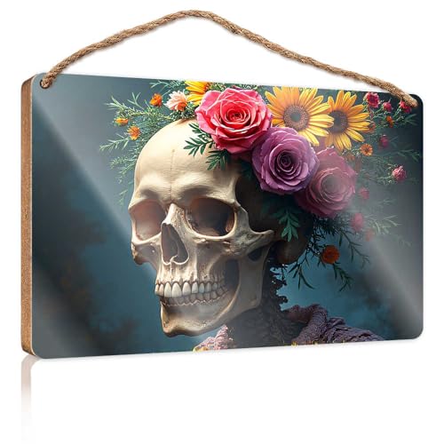 Hausschild für Veranda, Totenkopf mit Blumen: Ein geheimnisvolles Kunstwerk, Holzschild, Pool-Dekoration, Camper-Dekorationen für den Innenbereich (23 x 35 cm) von TSGB