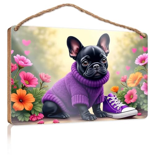 Holzschild, niedlich, bezaubernde französische Bulldogge in lila Pullover mit Blumen, Holzschild, Badezimmer, lustige Dekoration, WC-Dekoration (15 x 28 cm) von TSGB
