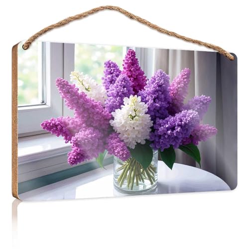 Holzschild, niedlich, lebendiger lila Blumenstrauß am Fenster, für Badezimmer, lustige Dekoration, WC-Dekoration (23 x 35 cm) von TSGB