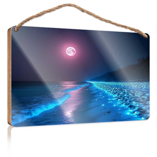 Holzschild, niedlich, magischer Nachtstrand mit leuchtenden Lichtern, Holzschild, Badezimmer, lustige Dekoration, WC-Dekoration (23 x 35 cm) von TSGB