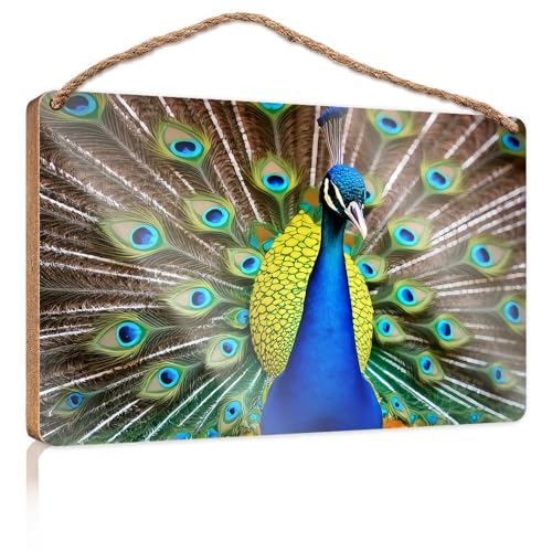 Holzschild, niedlicher Pfau mit lebendigen Federn, für Badezimmer, lustige Dekoration, WC-Dekoration (23 x 35 cm) von TSGB