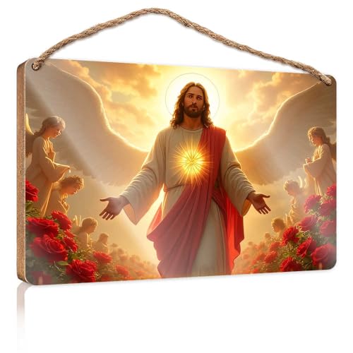 Holzschild, niedliches Jesus und Engel in einem Garten von Rosen, Holzschild, Badezimmer, lustige Dekoration, WC-Dekoration (15 x 28 cm) von TSGB