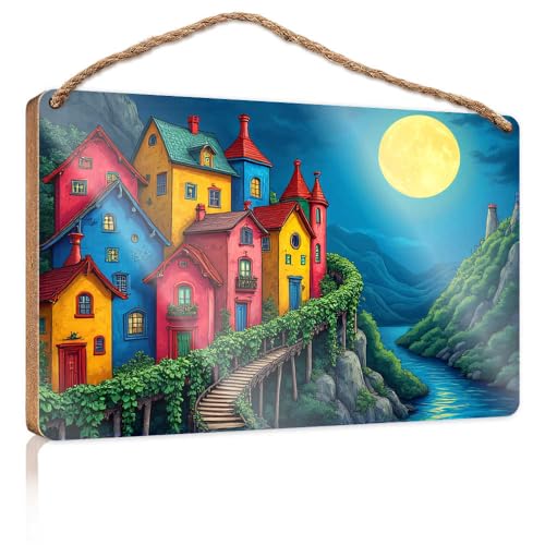 Holzschild, niedliches magisches Nachtdorf am Fluss, Holzschild, Badezimmer, lustige Dekoration, WC-Dekoration (20 x 30 cm) von TSGB