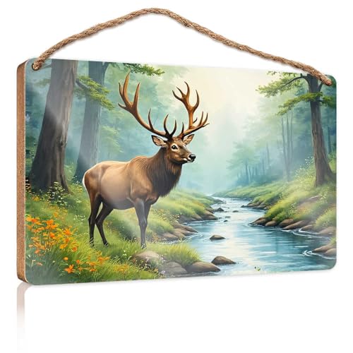 Holzschild für Veranda, Elch am Bach in einem üppigen Wald, Pool-Dekoration, Wohnmobil-Dekorationen für den Innenbereich (23 x 35 cm) von TSGB
