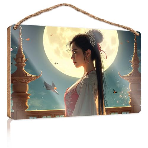 Holzschild für Veranda, Vollmond und traditionelle chinesische Schönheit, Pool-Dekoration, Wohnmobil-Dekorationen für den Innenbereich, 23 x 35 cm von TSGB