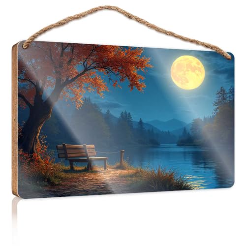 Holzschild für die Veranda, Vollmond über dem ruhigen See, Pool-Dekoration, Camper-Dekorationen für den Innenbereich (15 x 28 cm) von TSGB