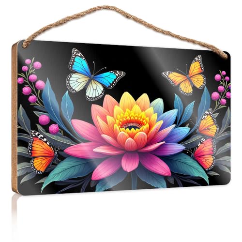 Holzschild für die Veranda, bunte Blumen und Schmetterlinge in der Natur, Pool-Dekoration, Wohnmobil-Dekorationen für den Innenbereich (23 x 35 cm) von TSGB