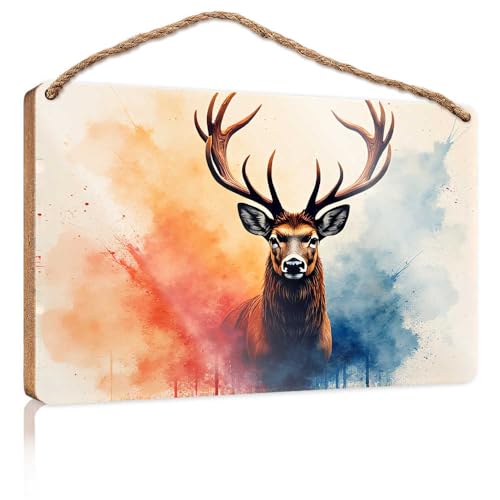 Holzschild für die Veranda, buntes abstraktes Hirsch-Porträt, Pool-Dekoration, Camper-Dekorationen für den Innenbereich (23 x 35 cm) von TSGB