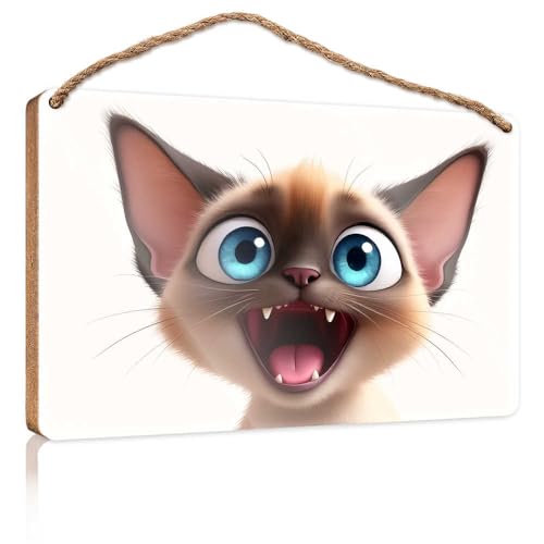 Holzschild zum Aufhängen, Cartoon-Katze mit großen blauen Augen, Holzschild für Heimdekoration, Terrassendekoration (15 x 28 cm) von TSGB