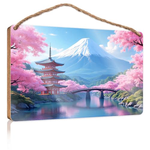 Holzschild zum Aufhängen, Kirschblüten und Mount Fuji, Gelassenheit, Holzschilder für Heimdekoration, Terrassendekoration (23 x 35 cm) von TSGB