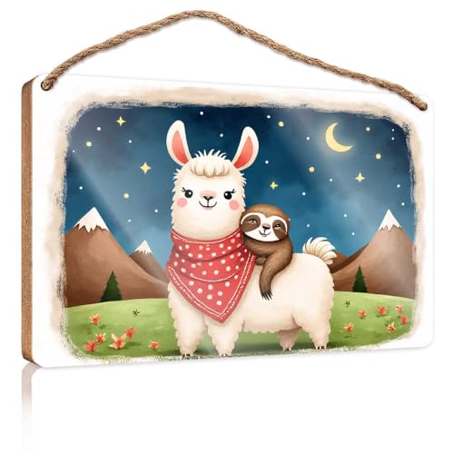 Holzschild zum Aufhängen, Motiv: Adorable Friends: Lama und Faultier in der Nacht, Holzschild für Heimdekoration, Terrassendekoration (20 x 30 cm) von TSGB