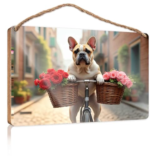 Holzschild zum Aufhängen, Motiv: Blumenkorb mit der Bulldogge, Holzschild für Heimdekoration, Terrassendekoration (23 x 35 cm) von TSGB