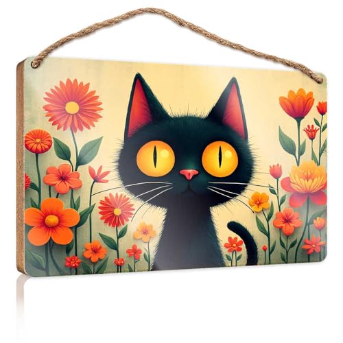 Holzschild zum Aufhängen, Motiv: Schwarze Katze in einem Garten mit orangefarbenen Blumen, Holzschild für Haustür, Holzschilder zum Basteln (20 x 30 cm) von TSGB