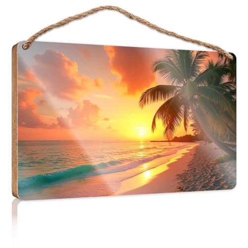 Holzschild zum Aufhängen, Sonnenuntergang am Strand mit Palmen, Holzschild für Heimdekoration, Terrassendekoration (23 x 35 cm) von TSGB
