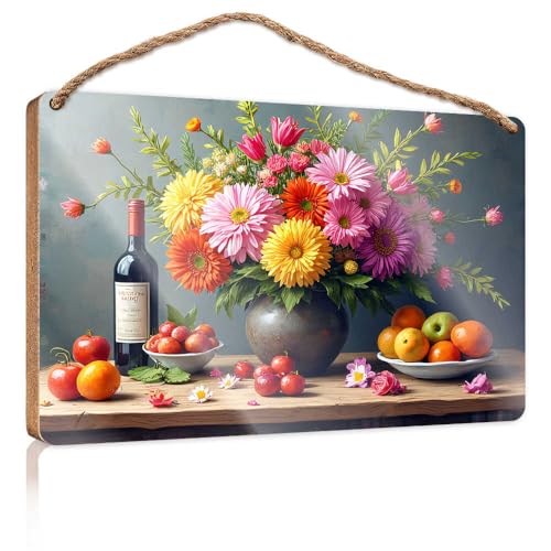 Holzschild zum Aufhängen, Stillleben mit Blumen und Früchten, Holzschilder für Heimdekoration, Terrassendekoration (15 x 28 cm) von TSGB