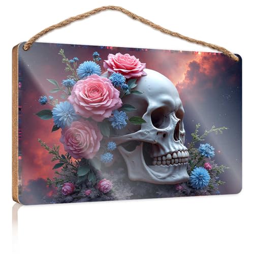 Holzschild zum Aufhängen, Zuckerschädel, otanische Blume, Sternenhimmel, Holzschild, Holzschilder für Heimdekoration, Terrassendekoration (15 x 28 cm) von TSGB