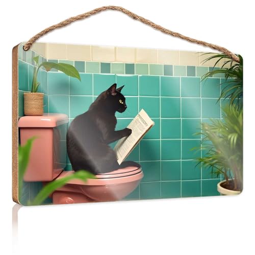 Holzschild zum Aufhängen, schwarze Katze, die in Pastellfarben liest, Badezimmer, Holzschilder für Heimdekoration, Terrassendekoration (15 x 28 cm) von TSGB