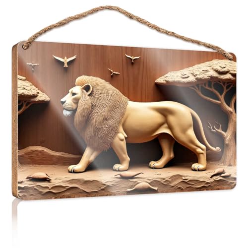 Holzschild zum Aufhängen für Badezimmer, Goldene Löwen-Skulptur in afrikanischer Landschaft, Holzschild für Hinterhofdekoration, 15 x 28 cm Holzschild zum Aufhängen für Badezimmer, Goldene Löwen-Skulptur in afrikanischer Landschaft, Holzschild für Hinterhofdekoration, 15 x 28 cm von TSGB