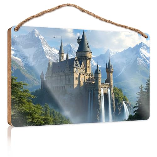 Lustige Türschilder für Büro, Fantasy-Schloss in den Bergen, Holzschild, kleine Schilder für Heimdekoration, Sommer-Türschild (20 x 30 cm) von TSGB