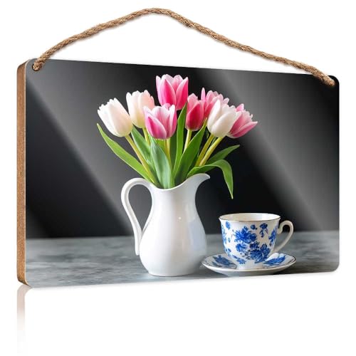 Lustige Türschilder für Büro, Frühlingstulpen und Vintage-Teeset, Holzschild, kleine Schilder für Heimdekoration, Sommer-Türschild (20 x 30 cm) von TSGB